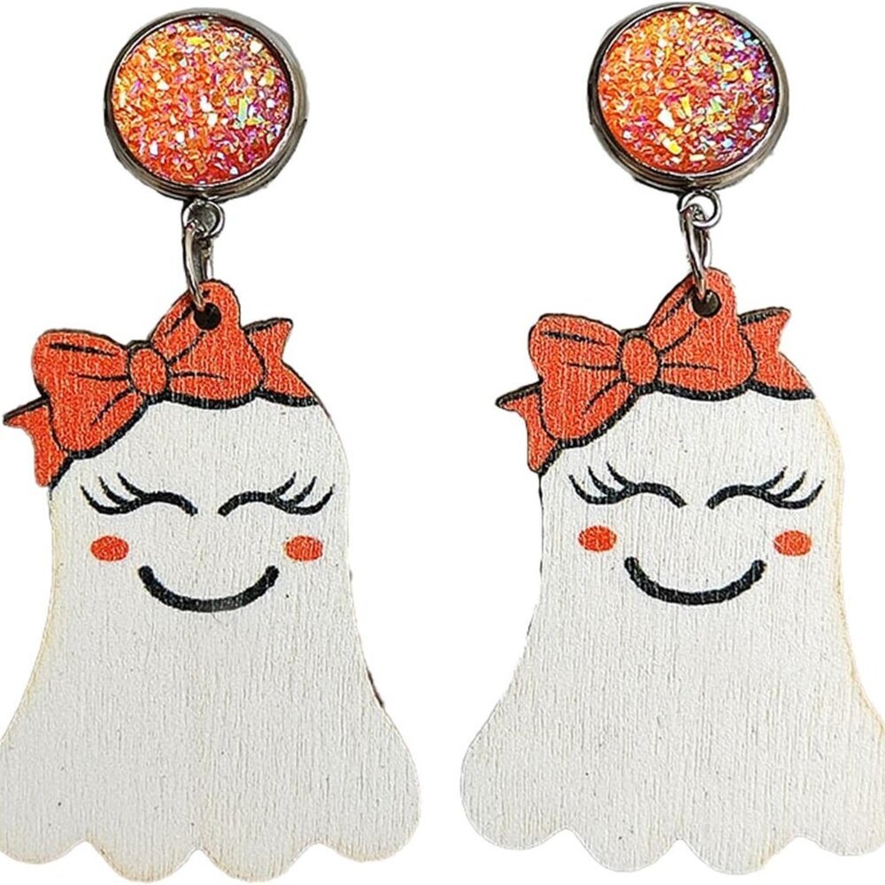 Halloween Cute Ghost Pumpkin Wooden Resin Acrylic Dangle Earrings Cartoon Ghost